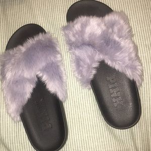 PINK Grey Furry Slides